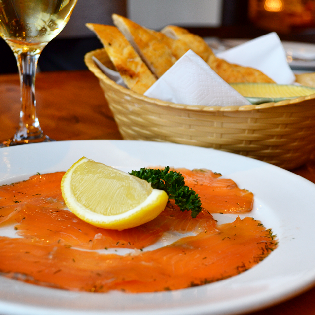 Gravallax marinated smoked salmon with herbs £6.95 Half portion